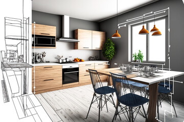 Stylish furniture fills the inside of the kitchen. a drawing and a photo combined. Generative AI