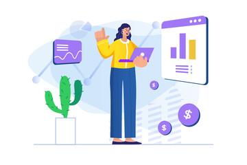 Wall Mural - sales performance concept with people scene. woman analyzes data chart, makes financial accounting a