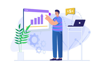 Wall Mural - sales performance concept with people scene. man consultant analyzes chart, makes accounting and fix