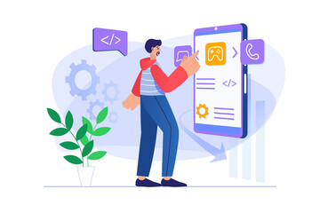 Canvas Print - App development concept with people scene. Man designer creates graphic content and places buttons at display for mobile app layout. Illustration with character in flat design for web banner