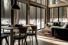 A Trendy Country Chalet's Warm, Pleasant Interior Features A Sizable Picture Window That Looks Out Onto The Winter Forest. Open Layout, Wooden Accents, Cozy Hues, And A Fireplace For The Family