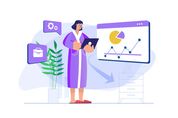 Wall Mural - Freelance working concept with people scene. Woman freelancer analyzes data and prepares financial report, doing tasks in home office. Illustration with character in flat design for web banner