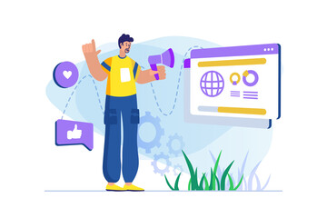 Sticker - Social media marketing concept with people scene. Man makes ad campaign in social networks for users and converts them into clients. Illustration with character in flat design for web banner