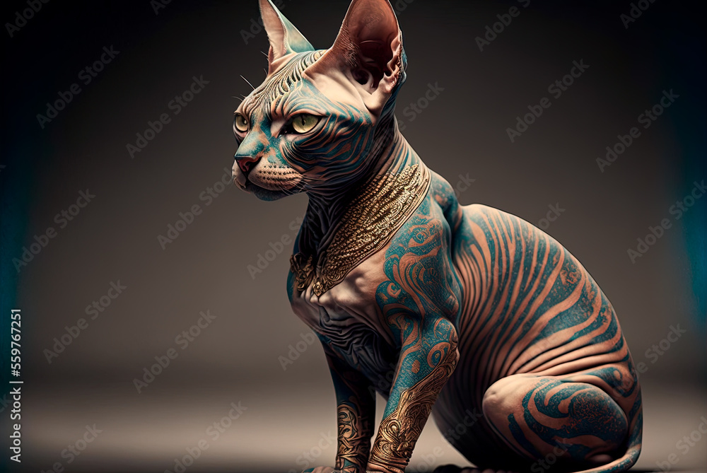 hairless sphynx cat with yellow eyes and tattooed body, dark background ...