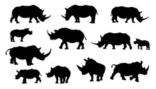 Vector Illustration Of A Silhouette Of A Standing Rhinoceros. Rhinoceros  For The Logo. Rhino Animal Silhouette Set