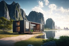 Illustration Concept Of Sustainability And Recycle , Container Box Remake As Restaurant, Office Or House Or Hotel, Landscape Of Lan Ha Bay, Quang Ninh, Vietnam As Background