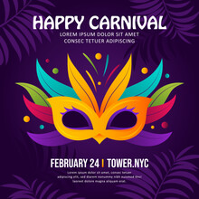 Brazilian Carnival, Colorful Mask And Feather Illustration With Blue And Purple Background  