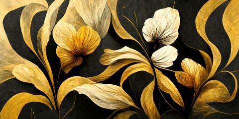 Golden flowers on black ,background, gold glitter, beautiful wallpaper art, Generative Ai