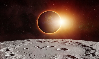 Fotobehang - Spectacular lunar eclipse and view from the lunar (Moon) surface and   night view of America continent