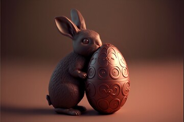 Wall Mural - Chocolate bunny eating chocolate easter egg.Easter illustration with copyspace.AI generated.