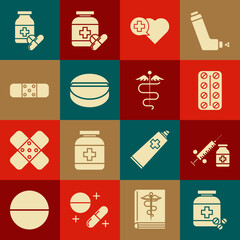 Sticker - Set Medicine bottle and pills, Medical syringe with needle vial or ampoule, Pills blister pack, Heart cross, tablet, Bandage plaster, and Caduceus snake medical symbol icon. Vector