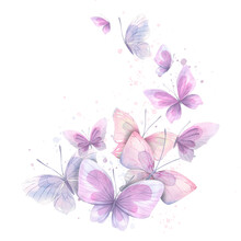 Lilac, Pink And Blue Butterflies With Splashes Of Paint. Watercolor Illustration. Composition From The Collection Of CATS AND BUTTERFLIES. For The Design And Decoration Of Prints, Postcards, Posters