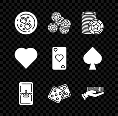 Sticker - Set Glass of whiskey and ice cubes, Casino chips, Joker playing card, Game dice, Hand holding deck cards, Playing with heart symbol and icon. Vector