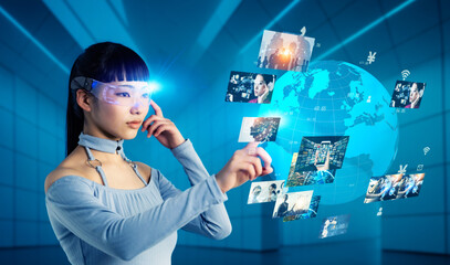 Poster - Woman watching video with VR goggles. Virtual reality. Wearable computing.