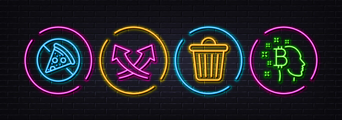 Trash bin, Prohibit food and Intersection arrows minimal line icons. Neon laser 3d lights. Bitcoin think icons. For web, application, printing. Garbage, Pizza not allowed, Exchange. Vector