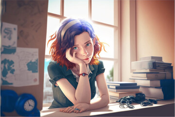 Wall Mural - Cute girl holding her head with her hands and looking at the camera. Bored in the office. Nice looking female portrait, generative AI illustration