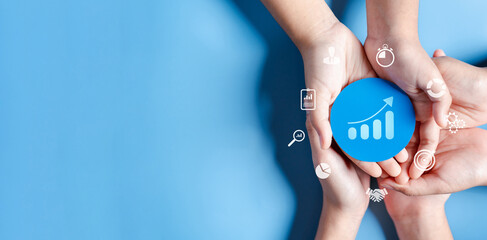 Leinwandbilder - Hands holding chart growth with business target planning development leadership and customer target group, investment growth and success development, achievement, goal, strategy, finance concept.