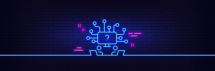 Poster - Neon light glow effect. Teamwork question line icon. Ask help sign. Outsource support symbol. 3d line neon glow icon. Brick wall banner. Teamwork question outline. Vector