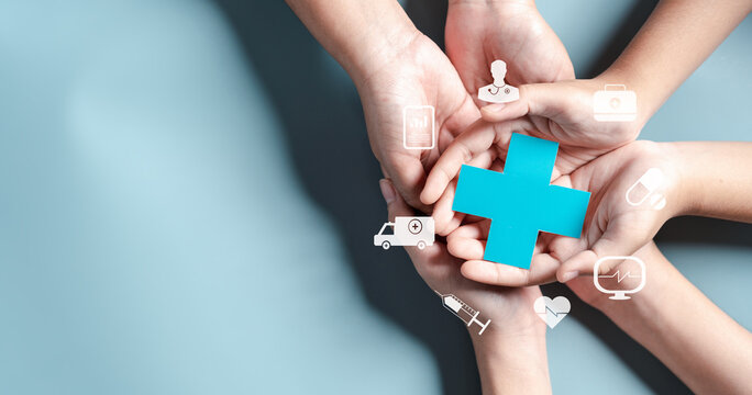 health insurance concept. people hands holding plus and healthcare medical icon, health and access t