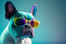 Colorful French Bulldog, Crazy Pug Dog With Neon Glasses, Generative Ai