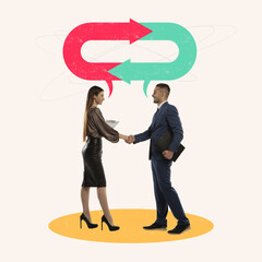 Contemporary art collage. Conceptual design. Man and woman, company owners shaking hands symbolizing partnership and cooperation