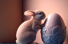 A Cute Pink Bunny Holding A Pink Easter Egg With Patterns In Its Paws Easter Illustration With Copyspace.AI Generated.