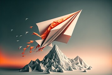 Poster - a paper airplane flying over a mountain range with birds flying around it and a red arrow coming out