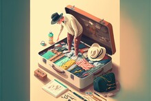A Man Is Packing His Suitcase Full Of Clothes And Other Items To Go On A Trip Or A Trip To The Beach Or The Ocean Or The Ocean Or The Beach Or The Ocean Or The Sea. Generative AI