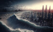 © sdecoret - Huge tsunami destroying a city. Dramatic scenery with a big wave flooding the lanscape. Natural disaster concept art. Generative ai