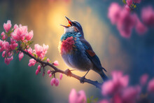 The Bird Standing On Cherry Blossom Branch. Generative AI	