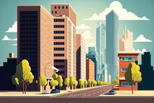 Urban Streetscape With Skyscrapers And Residential Blocks On A Flat Background. Property, Homes, And A Main Thoroughfare In A Town. Landscape Of A Major Metropolis. Cityscape . Generative AI