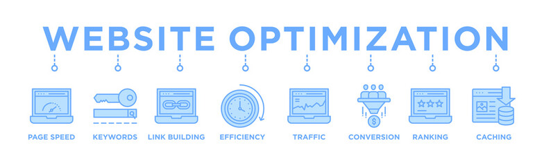 Website optimization banner web icon vector illustration concept with icon of page speed, conversion rate, website traffic, efficiency, keywords, ranking, caching, link building