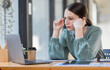 © David - Portrait of tired young business Canada american woman work with documents tax laptop computer in office. Sad, unhappy, Worried, Depression, or employee life stress concept