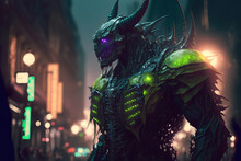 Tech Demon Made Of Slime With A Giant Armor Made Of Ectoplasm On The Street Of A Cyberpunk City. Magnificent Hypermetamorphosis Of The Monster, Illustration