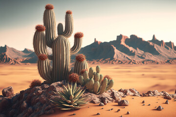 Wall Mural - Desert with cactus. Generative AI.