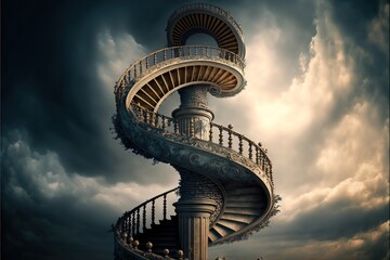 Sticker - a spiral staircase in the middle of a cloudy sky with a sky background and clouds in the background, with a person standing on the bottom of the staircase looking down at the spiral staircase.