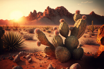 Poster - Desert with cactus. Generative AI.