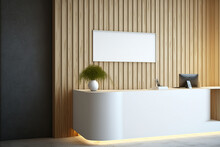 Mock Up Of A Reception Desk With Light Wooden Wall Accents Standing To The Side Of It. Generative AI