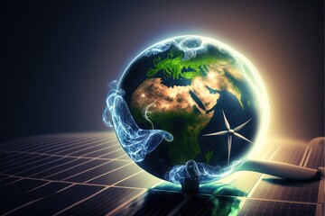 Poster - a picture of a small earth with a wind turbine on it's side and a star in the middle of the picture, with a black background of a grid pattern of a grid.