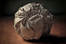 A Ball Of Newspaper Sitting On A Table With A Bow On It's Head And A Ribbon On The Top Of It's Head, With A Dark Background Of A Wooden Surface.