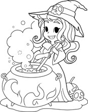 Halloween,Witch Preparing A Potion. Vector Illustration Of A Cartoon Witch Stirring Her Spooky Brew Isolated On White Background.coloring Book.coloring Page.