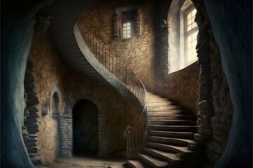 Canvas Print - a painting of a staircase leading to a window in a stone building with a stone wall and stone steps leading to a doorway in the wall, and a stone wall with a stone door.