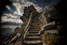 A Set Of Stairs Leading Up To A Cliff On A Cloudy Day With A Sky Background And Clouds In The Sky Above It, With A Wooden Railing On The Top Of The Stairs,.