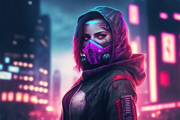 Cyberpunk girl in a mask with a hood