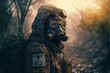 Post apocalyptic survivor in gas mask. Environmental disaster, Armageddon.
