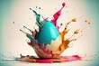  a blue and white egg with colorful paint splashing out of it's shell and a blue background with a light blue background and a light blue background with a few orange and pink spots., generative ai