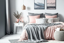 Blankets In Pink And Grey, A Carpet, And Posters Decorate A Modest Bedroom With Copy Space On A White Wall. Generative AI