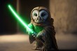  a owl dressed as a star wars character holding a green light saber in its hand and wearing a hoodie with a hood on it's face and a green light saber in the dark background., generative ai