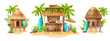 Beach shack house, Hawaiian bamboo hut bar surfboard, vector surfing bungalow, tropical plants. Summer cartoon island building, exotic vacation camping straw roof. Beach shack seashore sand clipart