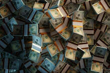 A Lot Of American Dollars In Packs Top View, Bundles Of Money. 3D Render, 3D Illustration.